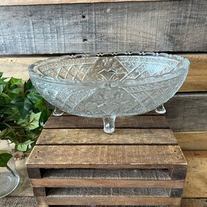 Vintage Footed Oval Clear Glass Dish with Scalloped Rim